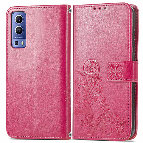 Coque Portefeuille Fleurs Livre Cuir Etui Clapet pour Vivo Y72 5G Rouge