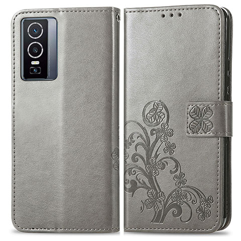 Coque Portefeuille Fleurs Livre Cuir Etui Clapet pour Vivo Y76 5G Gris