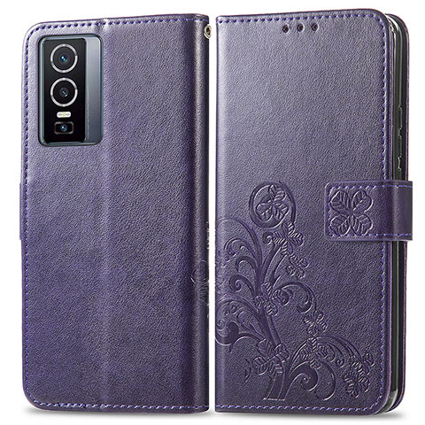 Coque Portefeuille Fleurs Livre Cuir Etui Clapet pour Vivo Y76 5G Violet