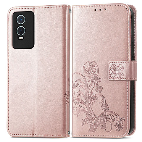 Coque Portefeuille Fleurs Livre Cuir Etui Clapet pour Vivo Y76s 5G Rose