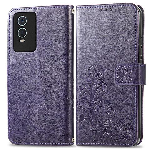 Coque Portefeuille Fleurs Livre Cuir Etui Clapet pour Vivo Y76s 5G Violet