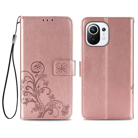 Coque Portefeuille Fleurs Livre Cuir Etui Clapet pour Xiaomi Mi 11 Lite 4G Rose