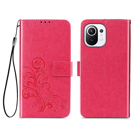 Coque Portefeuille Fleurs Livre Cuir Etui Clapet pour Xiaomi Mi 11 Lite 4G Rouge