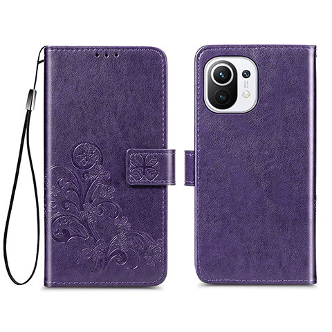 Coque Portefeuille Fleurs Livre Cuir Etui Clapet pour Xiaomi Mi 11 Lite 4G Violet