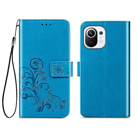 Coque Portefeuille Fleurs Livre Cuir Etui Clapet pour Xiaomi Mi 11 Lite 5G NE Bleu