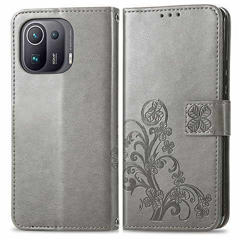 Coque Portefeuille Fleurs Livre Cuir Etui Clapet pour Xiaomi Mi 11 Pro 5G Gris