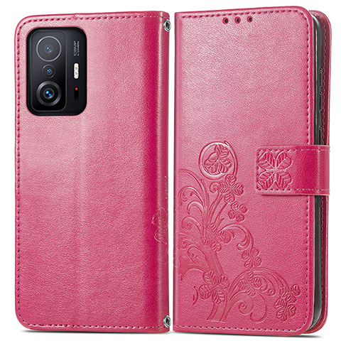 Coque Portefeuille Fleurs Livre Cuir Etui Clapet pour Xiaomi Mi 11T Pro 5G Rouge