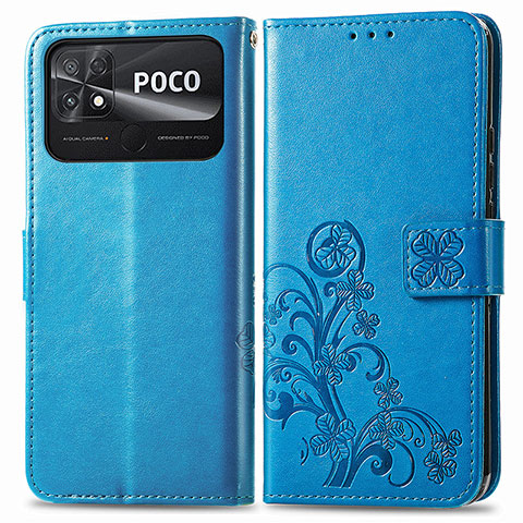 Coque Portefeuille Fleurs Livre Cuir Etui Clapet pour Xiaomi Poco C40 Bleu