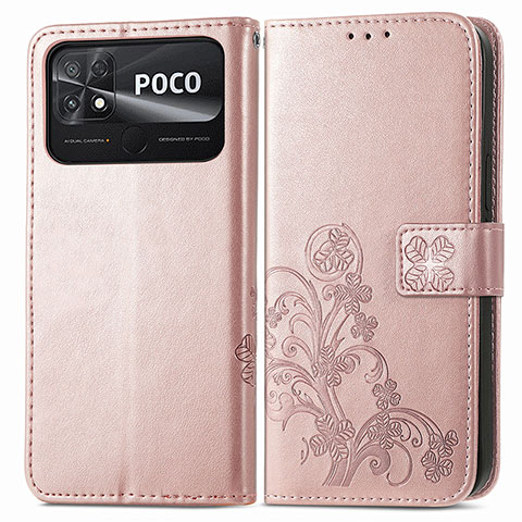 Coque Portefeuille Fleurs Livre Cuir Etui Clapet pour Xiaomi Poco C40 Rose