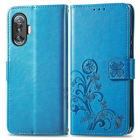 Coque Portefeuille Fleurs Livre Cuir Etui Clapet pour Xiaomi Poco F3 GT 5G Bleu