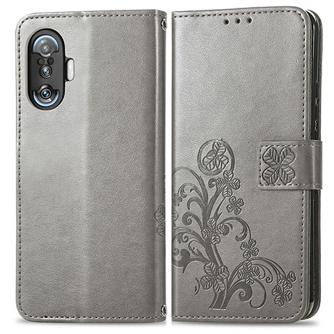 Coque Portefeuille Fleurs Livre Cuir Etui Clapet pour Xiaomi Poco F3 GT 5G Gris