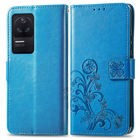 Coque Portefeuille Fleurs Livre Cuir Etui Clapet pour Xiaomi Poco F4 5G Bleu