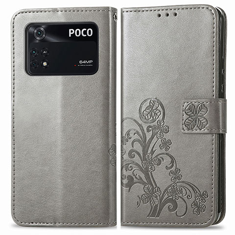 Coque Portefeuille Fleurs Livre Cuir Etui Clapet pour Xiaomi Poco M4 Pro 4G Gris