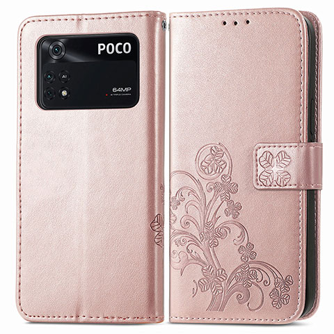 Coque Portefeuille Fleurs Livre Cuir Etui Clapet pour Xiaomi Poco M4 Pro 4G Rose