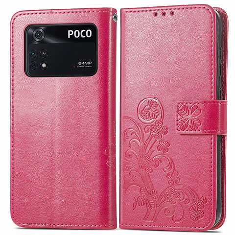 Coque Portefeuille Fleurs Livre Cuir Etui Clapet pour Xiaomi Poco M4 Pro 4G Rouge