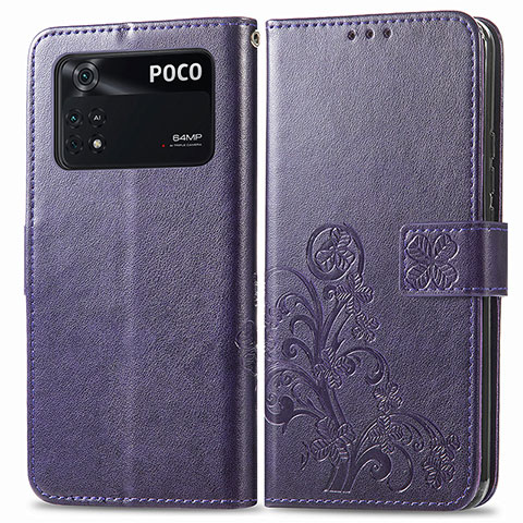 Coque Portefeuille Fleurs Livre Cuir Etui Clapet pour Xiaomi Poco M4 Pro 4G Violet