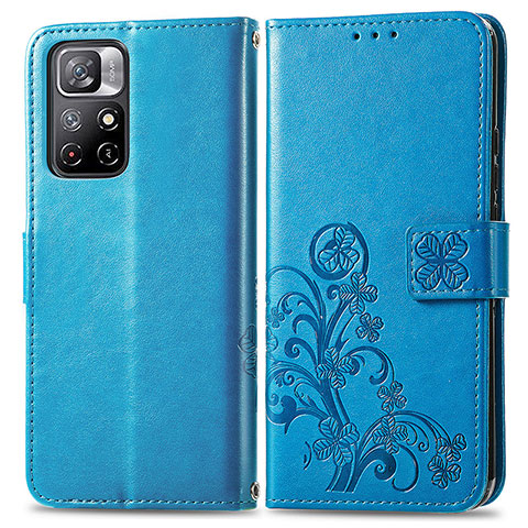 Coque Portefeuille Fleurs Livre Cuir Etui Clapet pour Xiaomi Poco M4 Pro 5G Bleu
