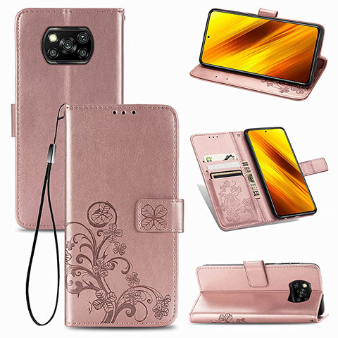 Coque Portefeuille Fleurs Livre Cuir Etui Clapet pour Xiaomi Poco X3 NFC Rose