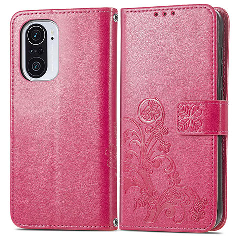 Coque Portefeuille Fleurs Livre Cuir Etui Clapet pour Xiaomi Redmi K40 Pro 5G Rouge