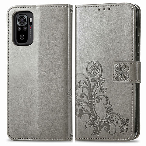 Coque Portefeuille Fleurs Livre Cuir Etui Clapet pour Xiaomi Redmi Note 10 4G Gris