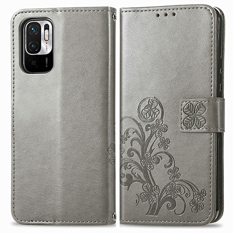 Coque Portefeuille Fleurs Livre Cuir Etui Clapet pour Xiaomi Redmi Note 10T 5G Gris