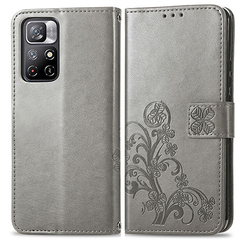 Coque Portefeuille Fleurs Livre Cuir Etui Clapet pour Xiaomi Redmi Note 11 5G Gris