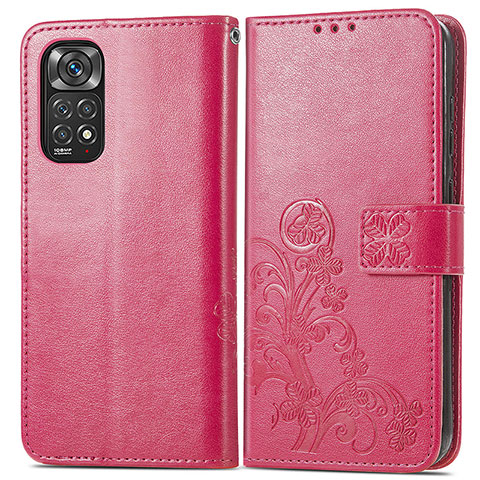 Coque Portefeuille Fleurs Livre Cuir Etui Clapet pour Xiaomi Redmi Note 11 Pro 4G Rouge