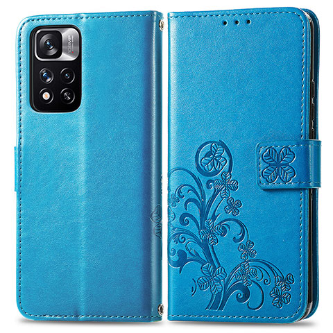 Coque Portefeuille Fleurs Livre Cuir Etui Clapet pour Xiaomi Redmi Note 11 Pro+ Plus 5G Bleu