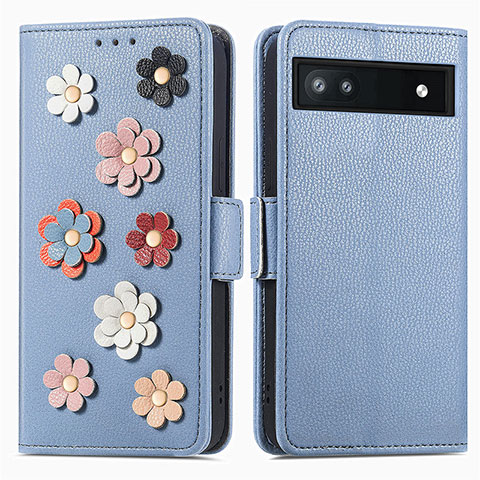 Coque Portefeuille Fleurs Livre Cuir Etui Clapet S02D pour Google Pixel 6a 5G Bleu