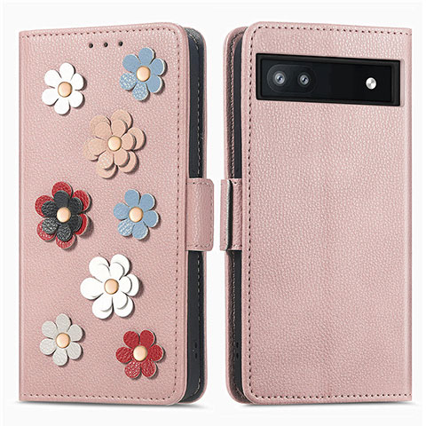 Coque Portefeuille Fleurs Livre Cuir Etui Clapet S02D pour Google Pixel 6a 5G Or Rose