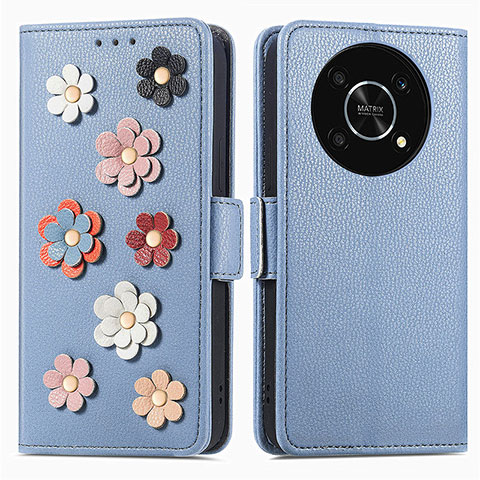 Coque Portefeuille Fleurs Livre Cuir Etui Clapet S02D pour Huawei Honor Magic4 Lite 5G Bleu