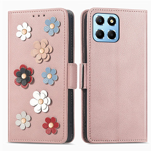 Coque Portefeuille Fleurs Livre Cuir Etui Clapet S02D pour Huawei Honor X6 Or Rose