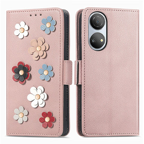 Coque Portefeuille Fleurs Livre Cuir Etui Clapet S02D pour Huawei Honor X7 Or Rose