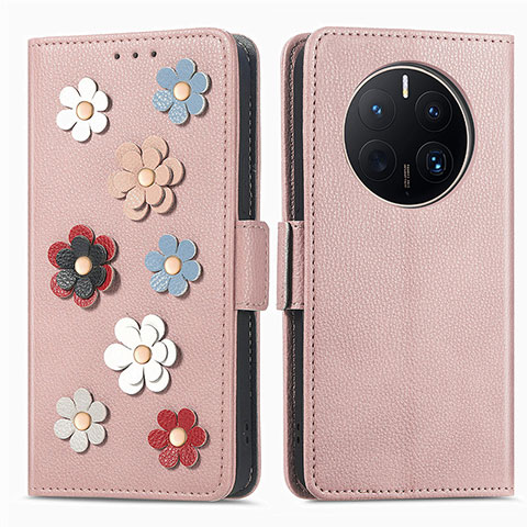 Coque Portefeuille Fleurs Livre Cuir Etui Clapet S02D pour Huawei Mate 50 Pro Or Rose