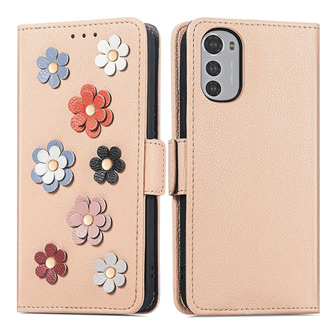 Coque Portefeuille Fleurs Livre Cuir Etui Clapet S02D pour Motorola Moto E32 Kaki