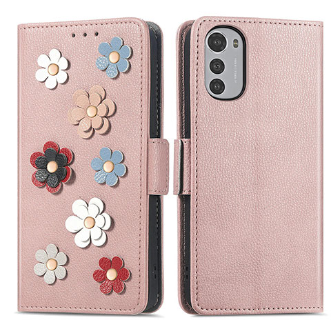 Coque Portefeuille Fleurs Livre Cuir Etui Clapet S02D pour Motorola Moto E32s Or Rose