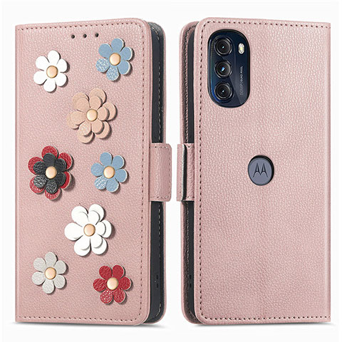 Coque Portefeuille Fleurs Livre Cuir Etui Clapet S02D pour Motorola Moto G 5G (2022) Or Rose