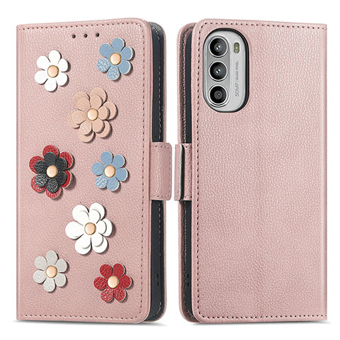 Coque Portefeuille Fleurs Livre Cuir Etui Clapet S02D pour Motorola MOTO G52 Or Rose