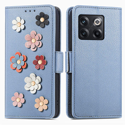 Coque Portefeuille Fleurs Livre Cuir Etui Clapet S02D pour OnePlus 10T 5G Bleu