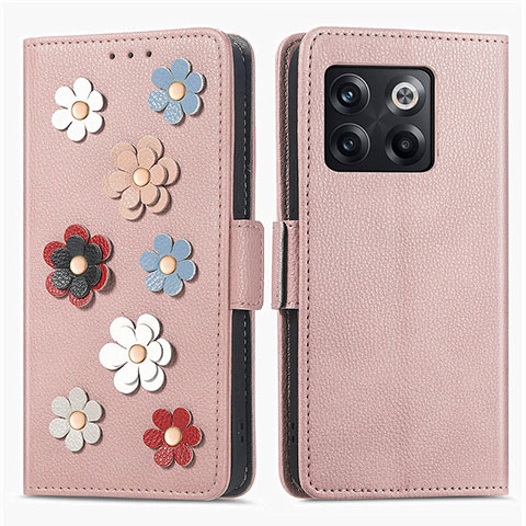 Coque Portefeuille Fleurs Livre Cuir Etui Clapet S02D pour OnePlus 10T 5G Or Rose