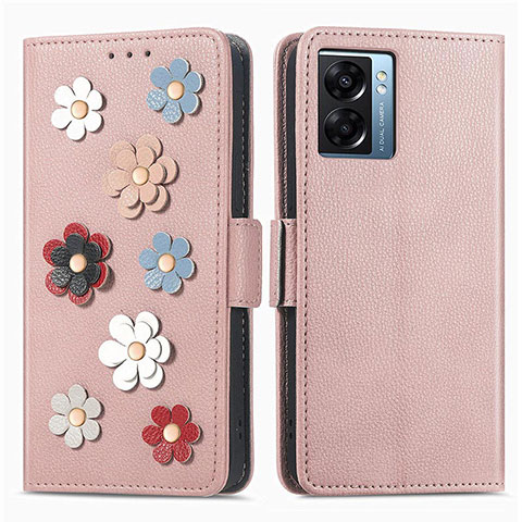 Coque Portefeuille Fleurs Livre Cuir Etui Clapet S02D pour Oppo K10 5G India Or Rose