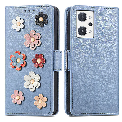 Coque Portefeuille Fleurs Livre Cuir Etui Clapet S02D pour Oppo Reno7 A Bleu