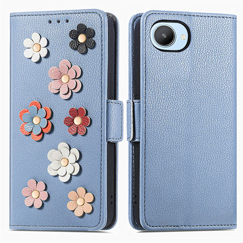 Coque Portefeuille Fleurs Livre Cuir Etui Clapet S02D pour Realme C30 Bleu