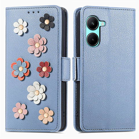 Coque Portefeuille Fleurs Livre Cuir Etui Clapet S02D pour Realme C33 (2023) Bleu