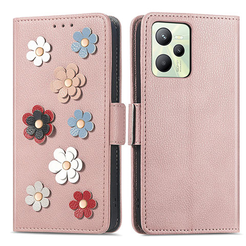 Coque Portefeuille Fleurs Livre Cuir Etui Clapet S02D pour Realme Narzo 50A Prime Or Rose