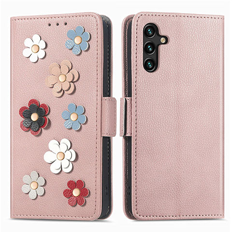 Coque Portefeuille Fleurs Livre Cuir Etui Clapet S02D pour Samsung Galaxy A04s Or Rose