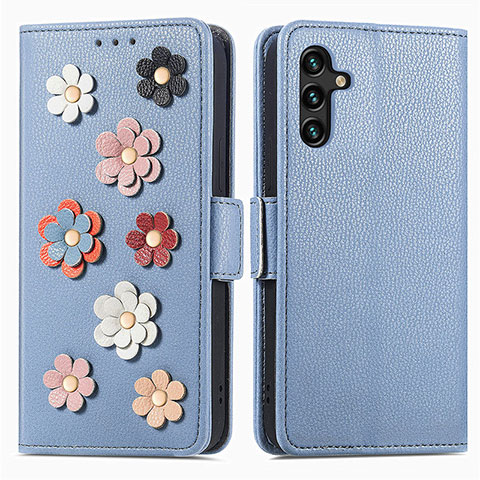 Coque Portefeuille Fleurs Livre Cuir Etui Clapet S02D pour Samsung Galaxy A13 5G Bleu