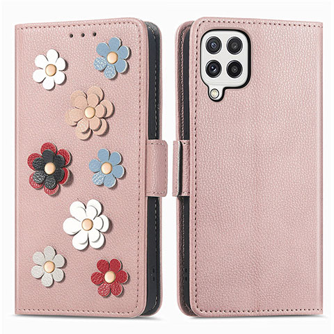 Coque Portefeuille Fleurs Livre Cuir Etui Clapet S02D pour Samsung Galaxy A22 4G Or Rose