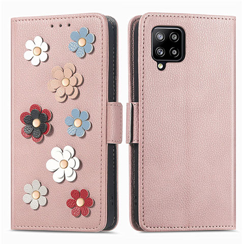 Coque Portefeuille Fleurs Livre Cuir Etui Clapet S02D pour Samsung Galaxy A42 5G Or Rose