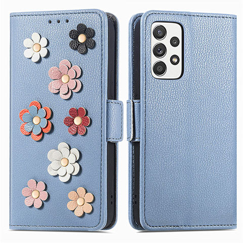 Coque Portefeuille Fleurs Livre Cuir Etui Clapet S02D pour Samsung Galaxy A52 4G Bleu